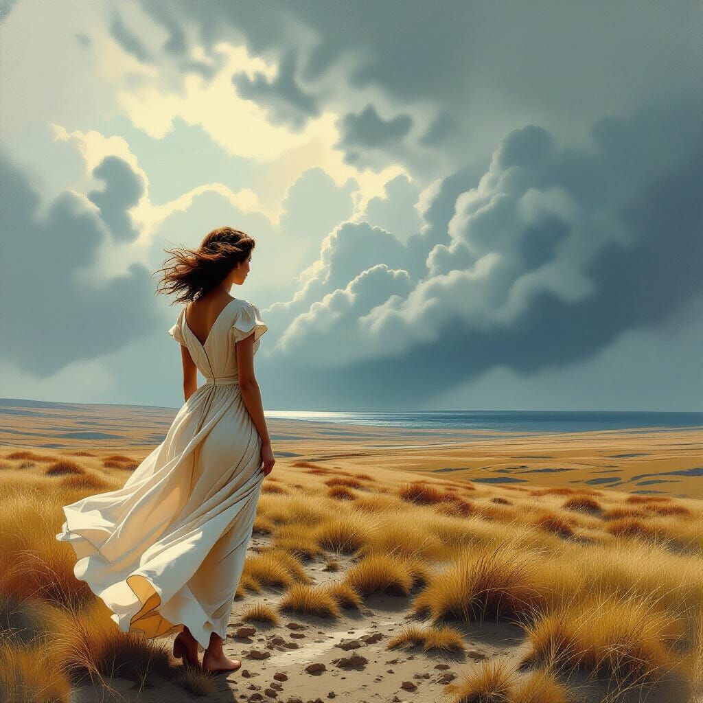 Woman on Windswept Moor Under Stormy Sky