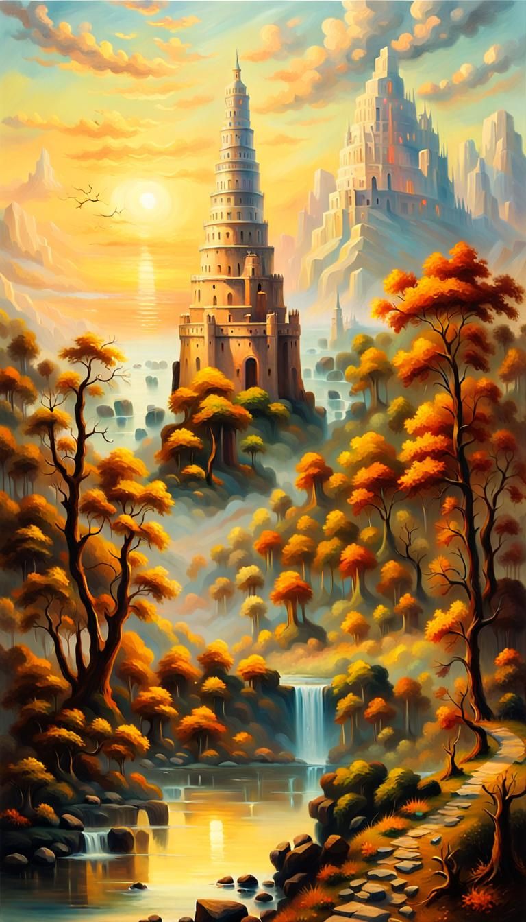 Celestial Tower of Babel in Autumnal Forest