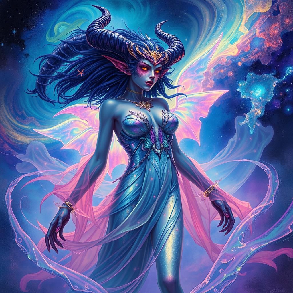 Ethereal Demon in Cosmic Aurora, in Visionary Art Style