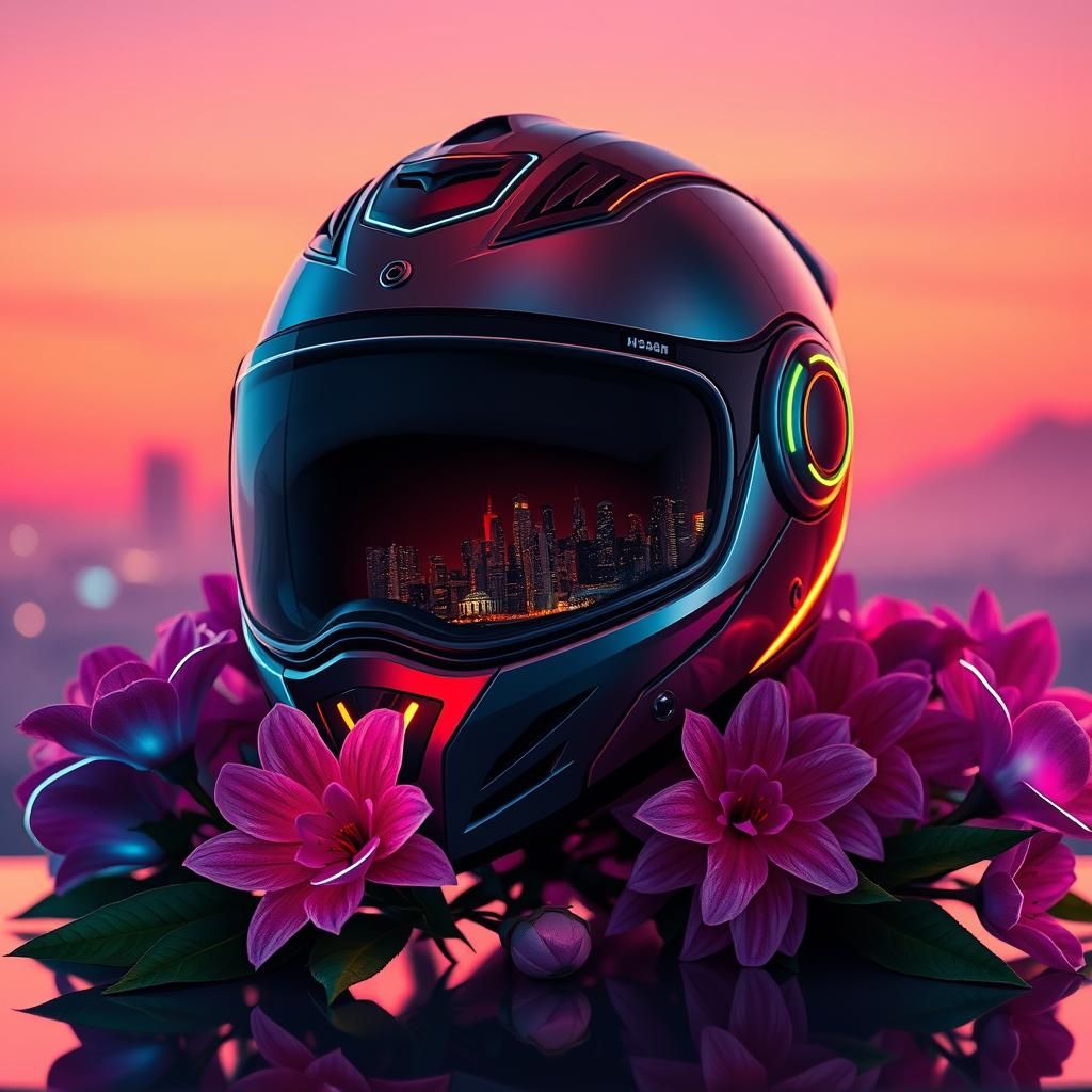 High-Tech Motorcycle Helmet Reflects Dystopian Cityscape