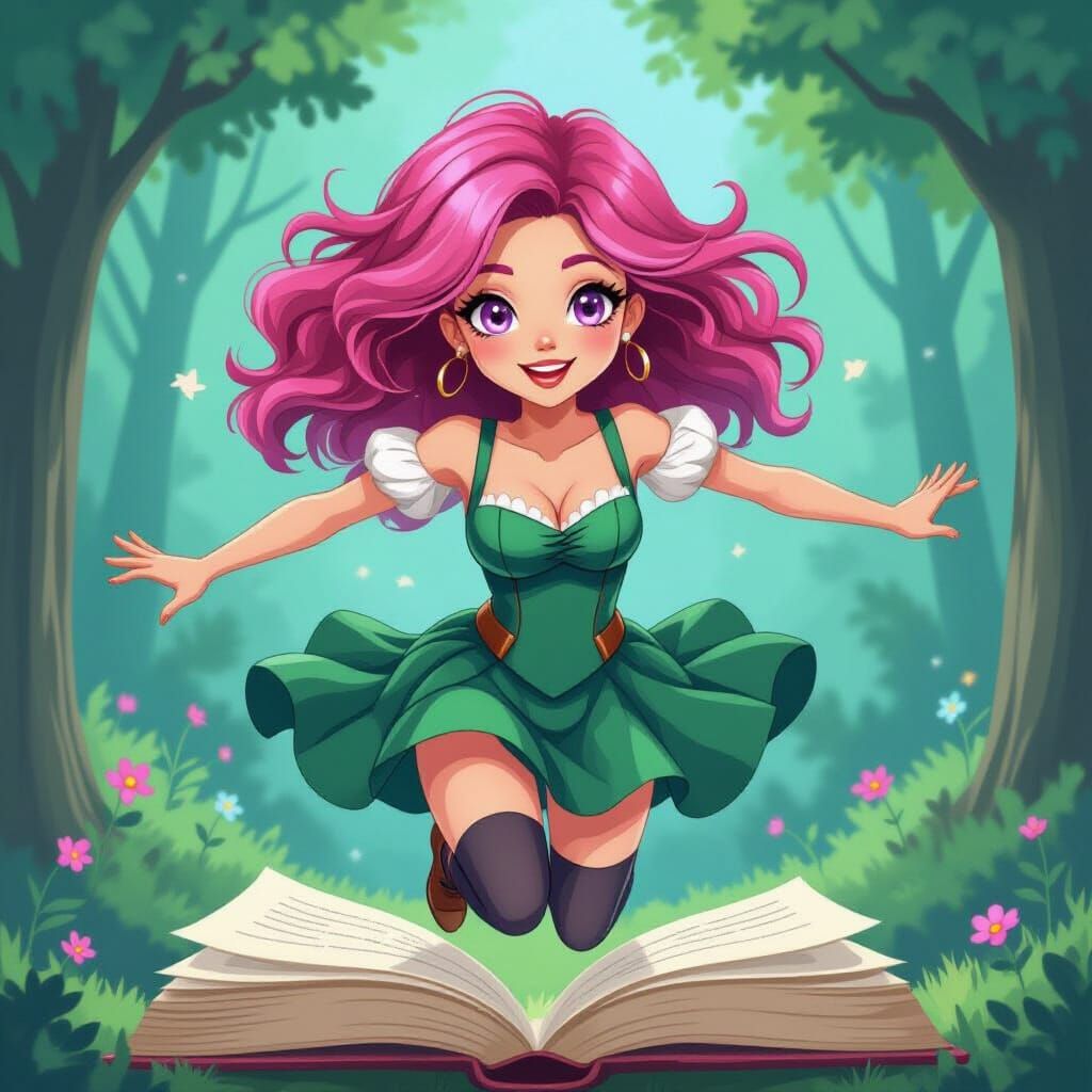 Pink-Haired Woman Leaping Into Storybook Illustration