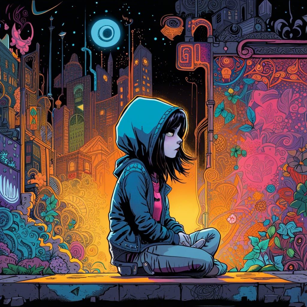 Girl in Mask Contemplates Graffiti, Pastel Watercolor