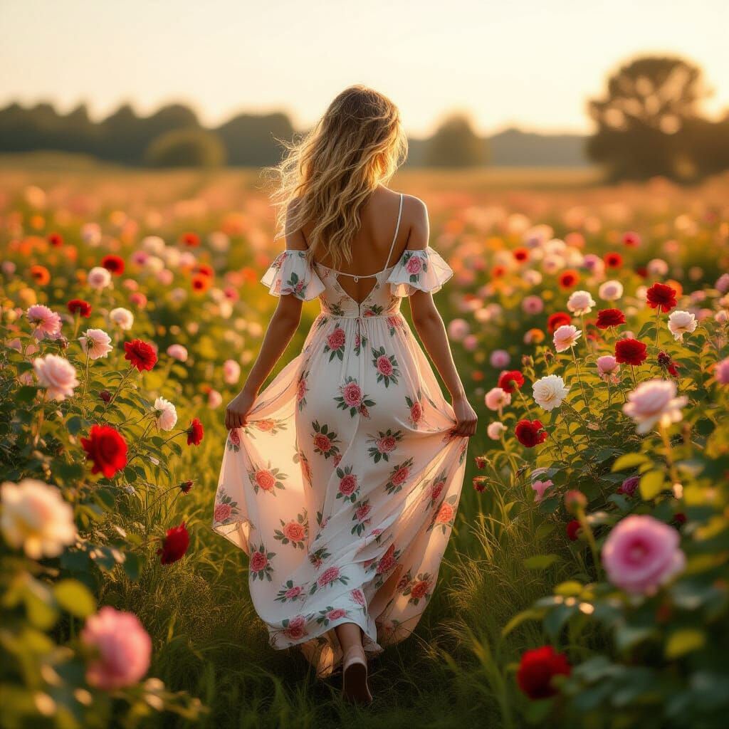 Woman in Rose Field: Alphonse Mucha-Inspired Art