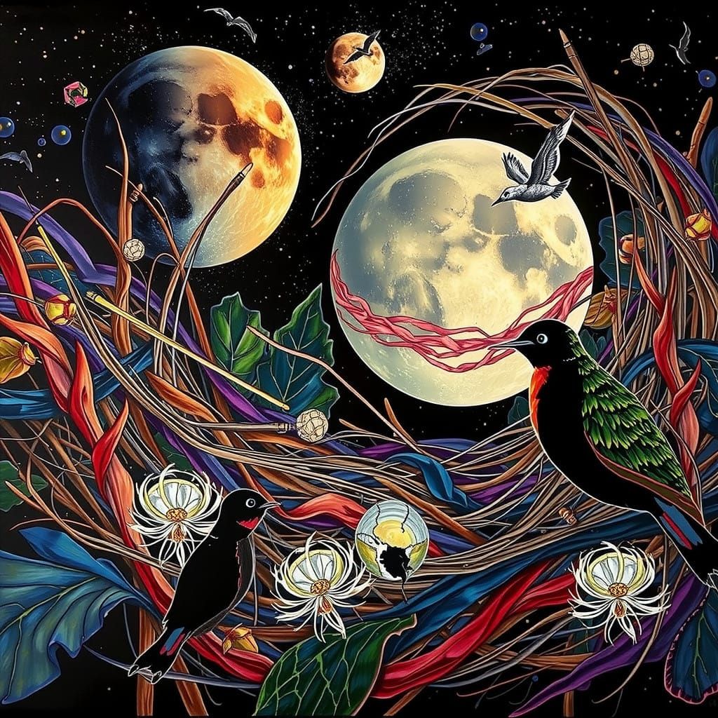 Moonlit Garden Oasis with Emerging Bird