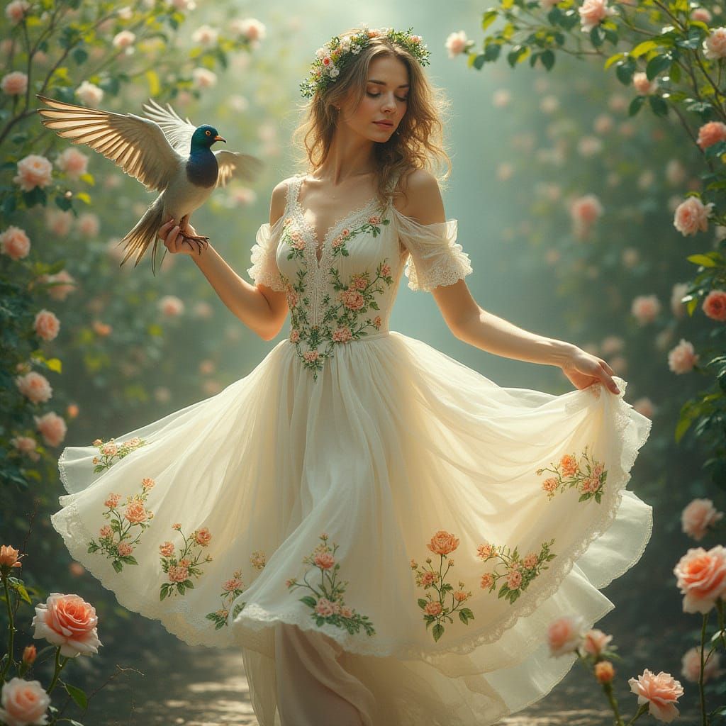 Ethereal European Woman in Floral Spring Robe, Dancing in a ...