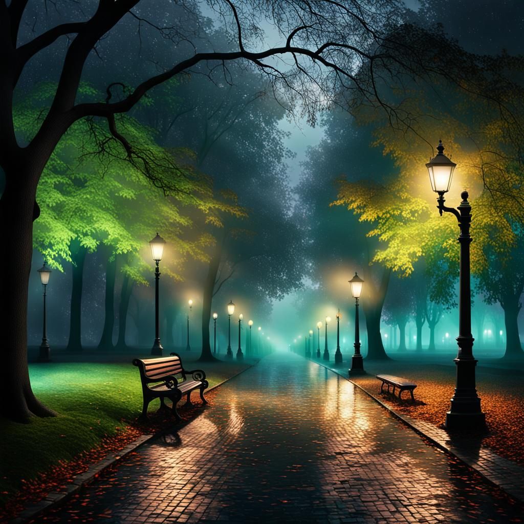 Serene Night Park in Hyperrealistic Photography