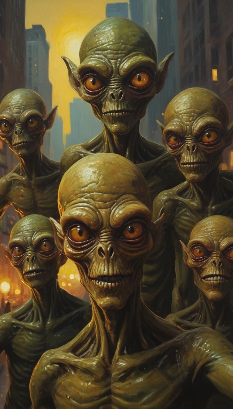 Aliens Taking a Selfie as Impressionist Oil Painting