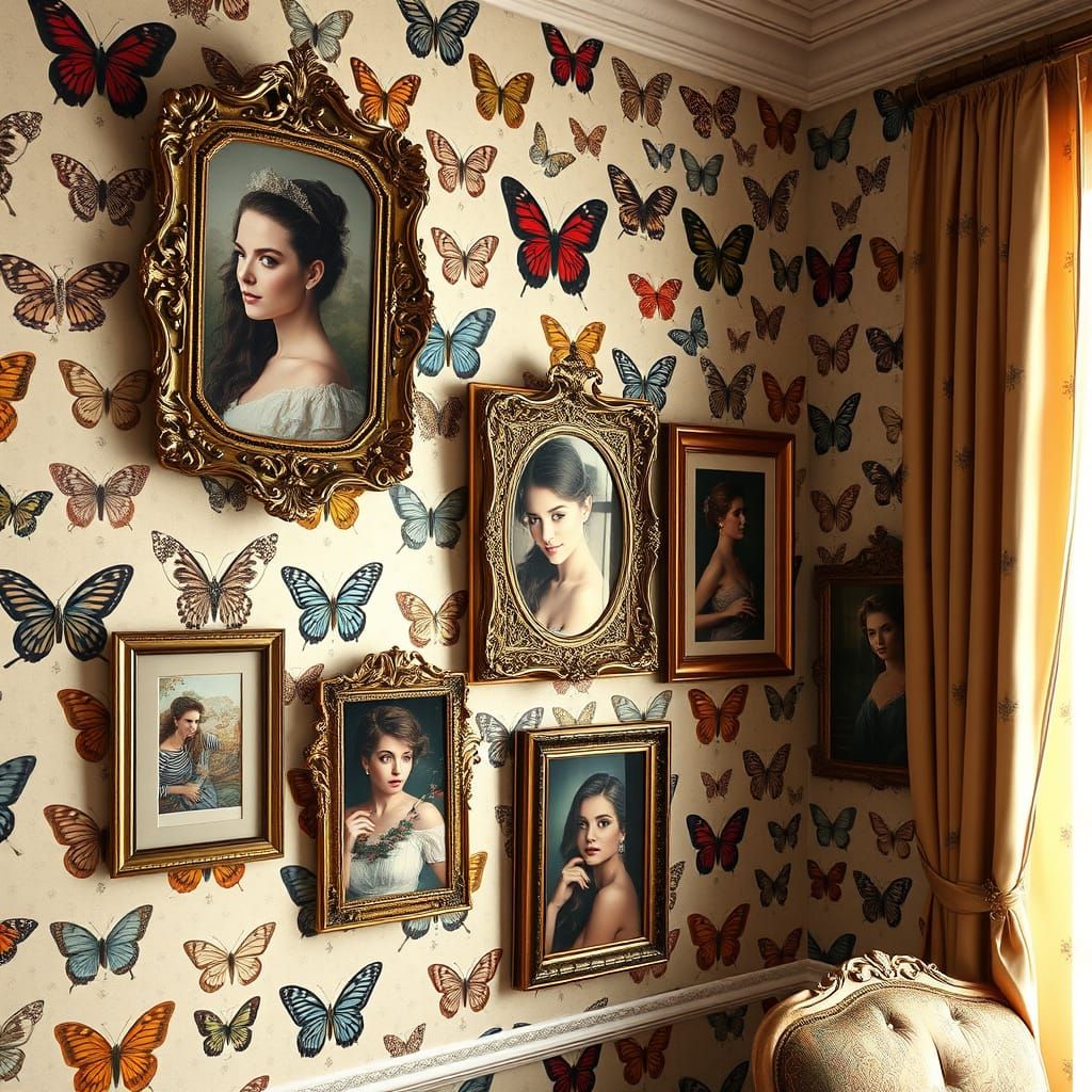 Exquisite Butterfly Wallpaper with Ornate Frames in a Luxuri...