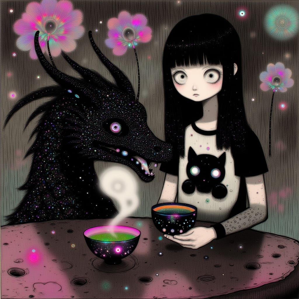 Mystical Japanese Dragon Sits Serenely at Rose-Tinted Table ...