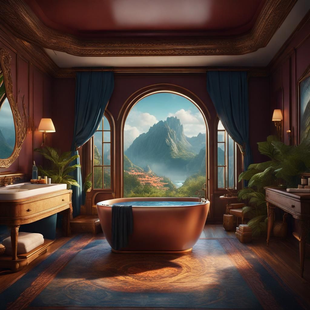 Beautiful hotel room with bathtub and breathtaking scenery