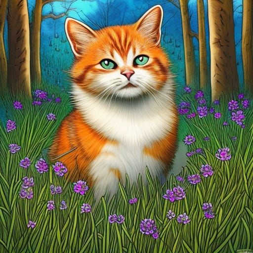 Cute Cat in Sunny Spring Flower Meadow