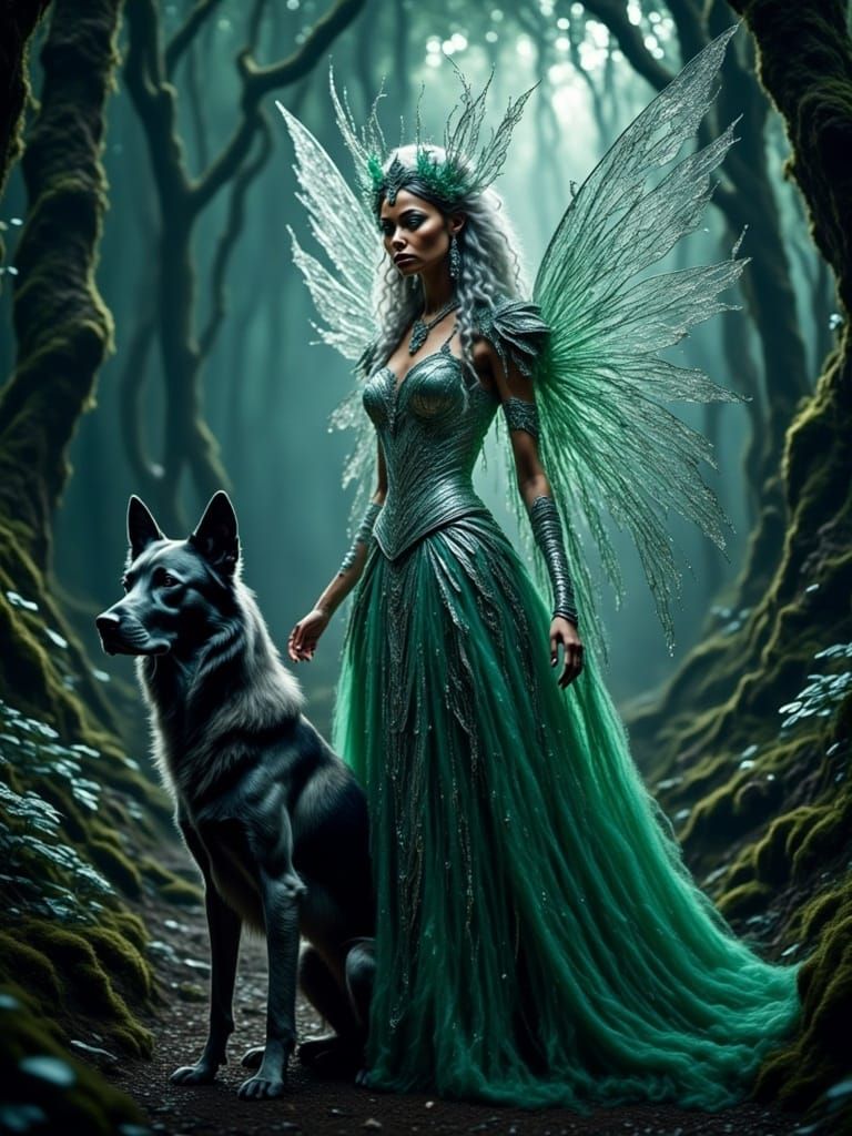 Dreamtime Fairy with Shadow Dog in Surrealist Style