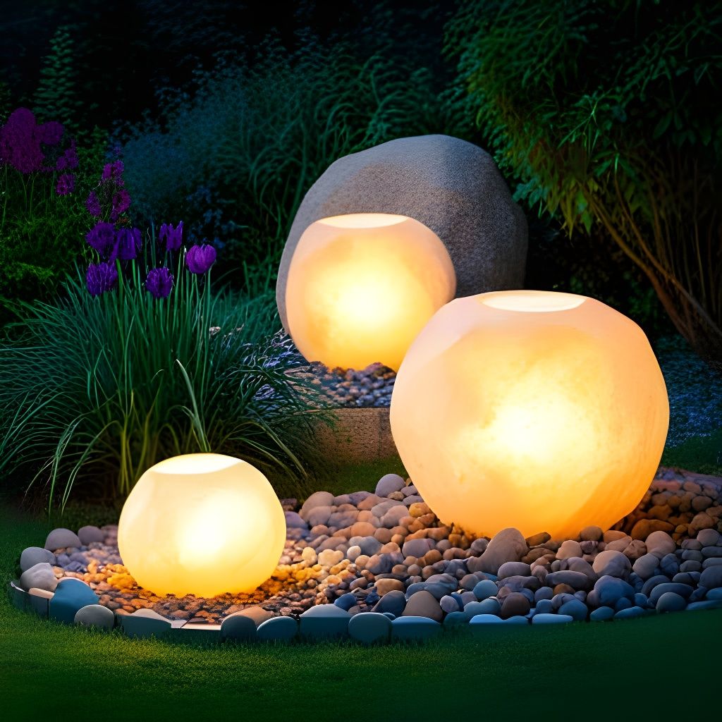 Illuminated Boulder Lamps in Garden Setting