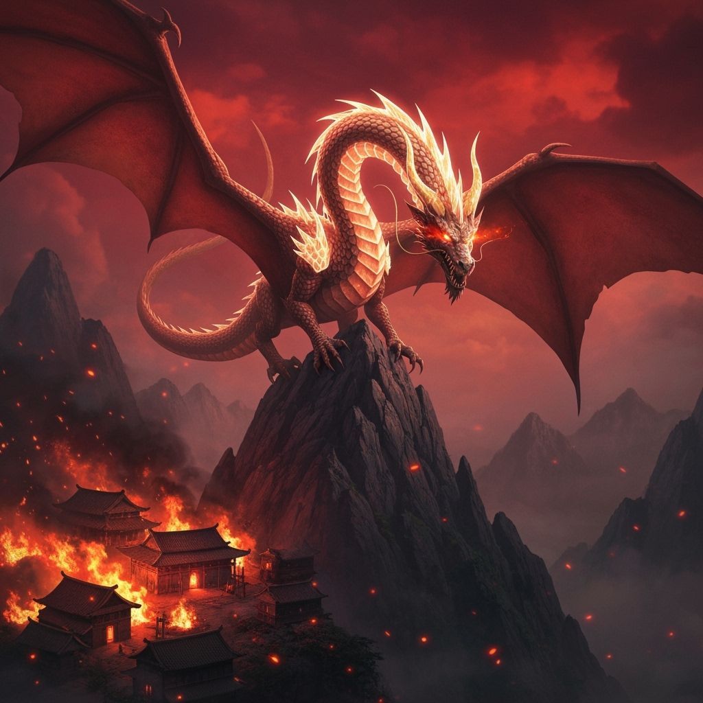 Dragon Over Burning Village Digital Matte Painting
