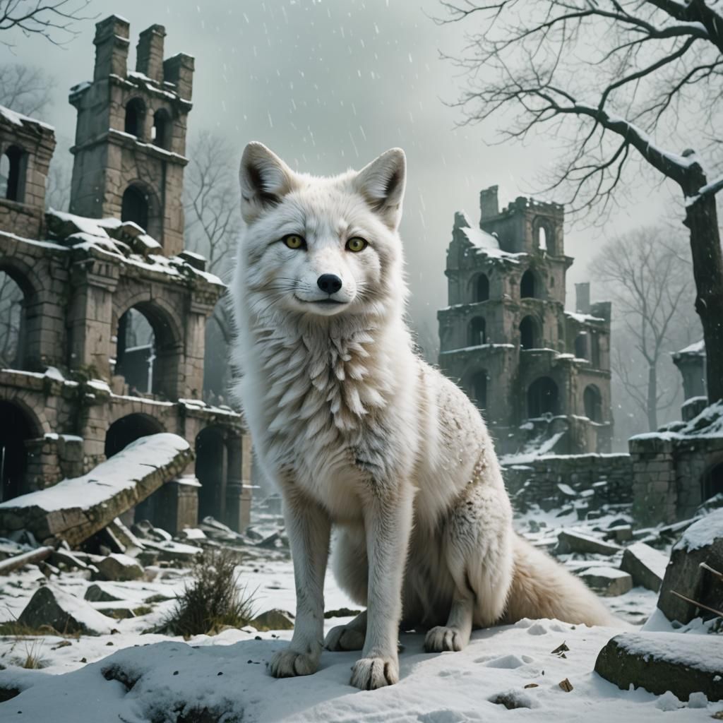 Northern White Fox Amidst Snowy Ruins in Whimsical Fantasy L...