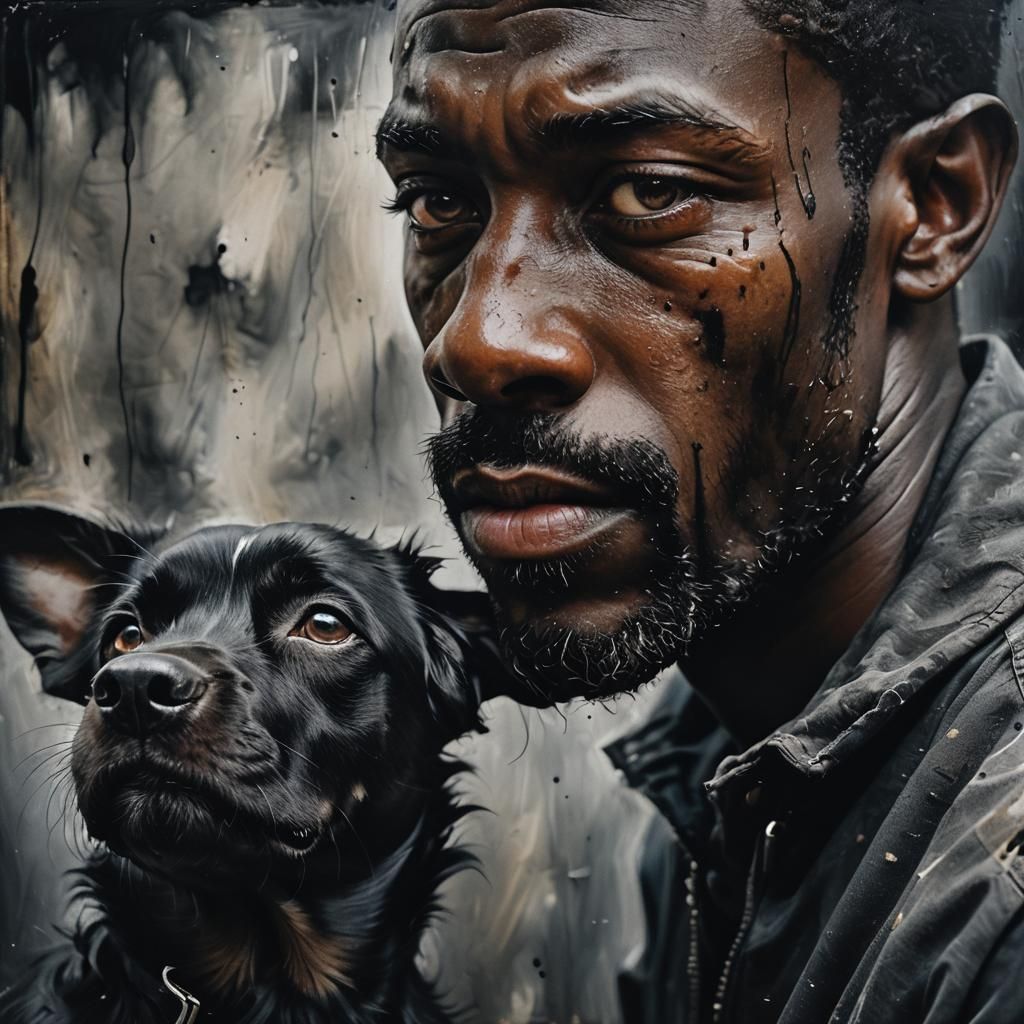 Abstract Black Oil Painting: Man and Dog Portrait