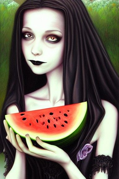 Gothic Woman Eating Watermelon in Ghibli Style