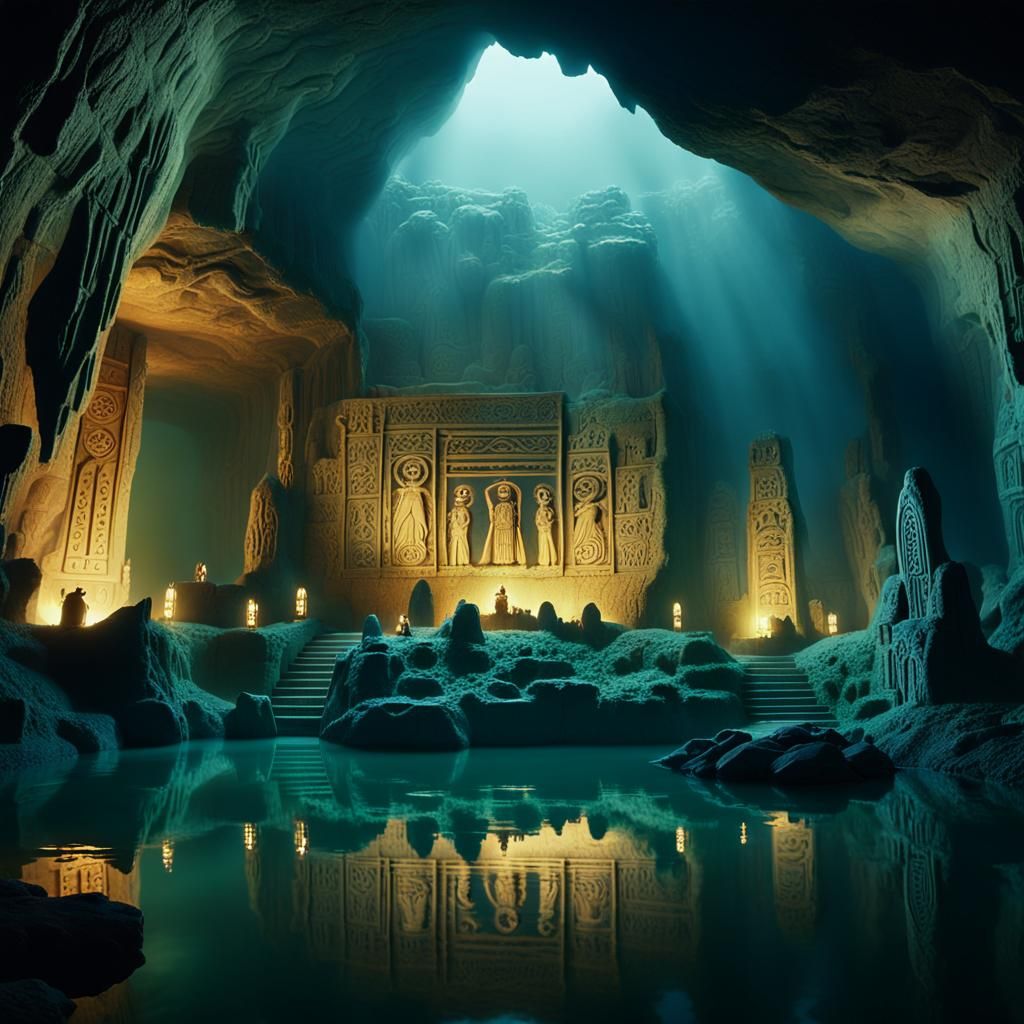 Mystical Underground Cave with Ancient Carvings