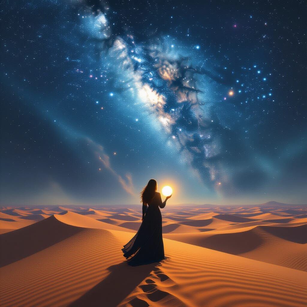 Woman at Desert Precipice Under Star Nebula