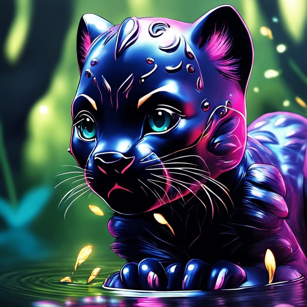 Adorable Chibi Black Panther in a Fantasy Landscape