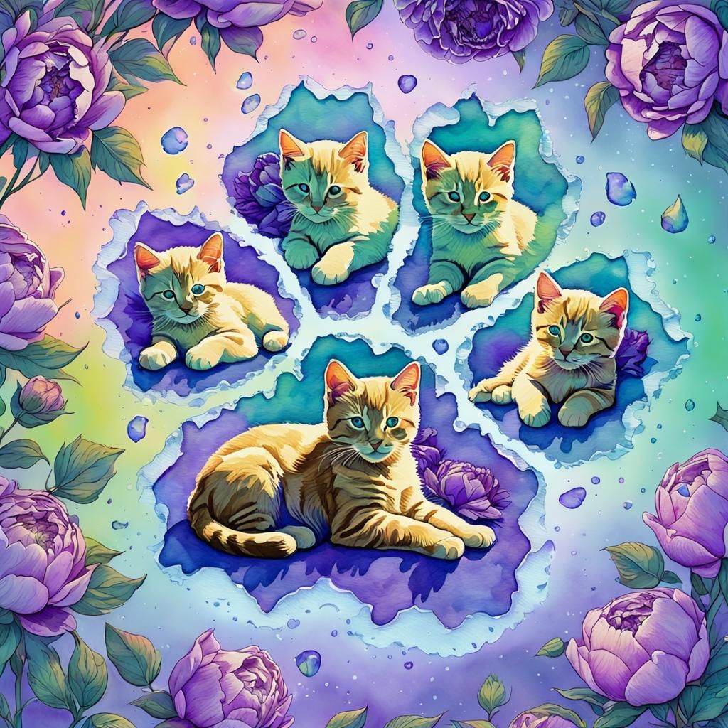 Watercolor Pawprint with Kittens and Purple Peonies