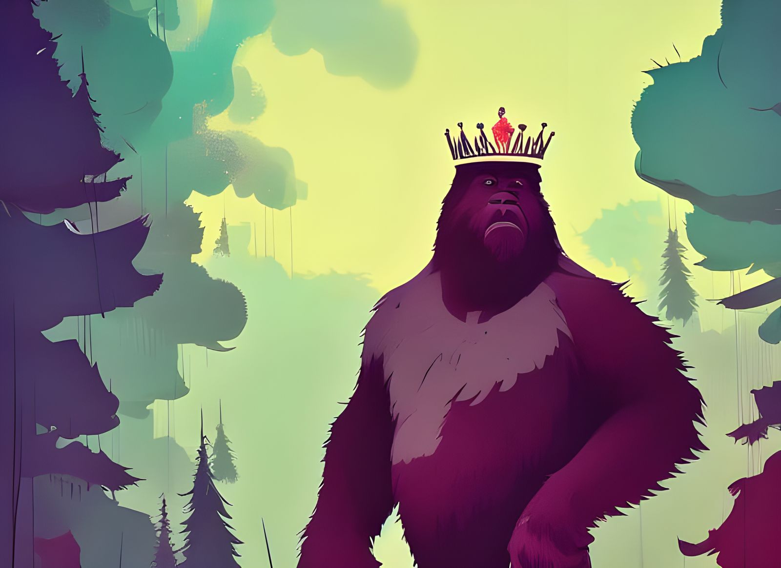 Bigfoot King in Crown: Digital Forest Illustration