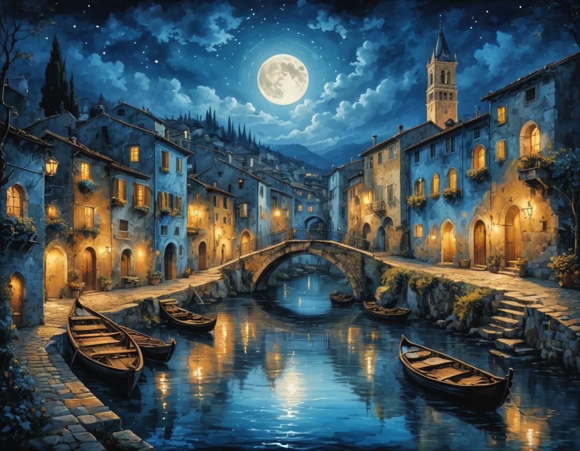 Magical Italian Village River at Night
