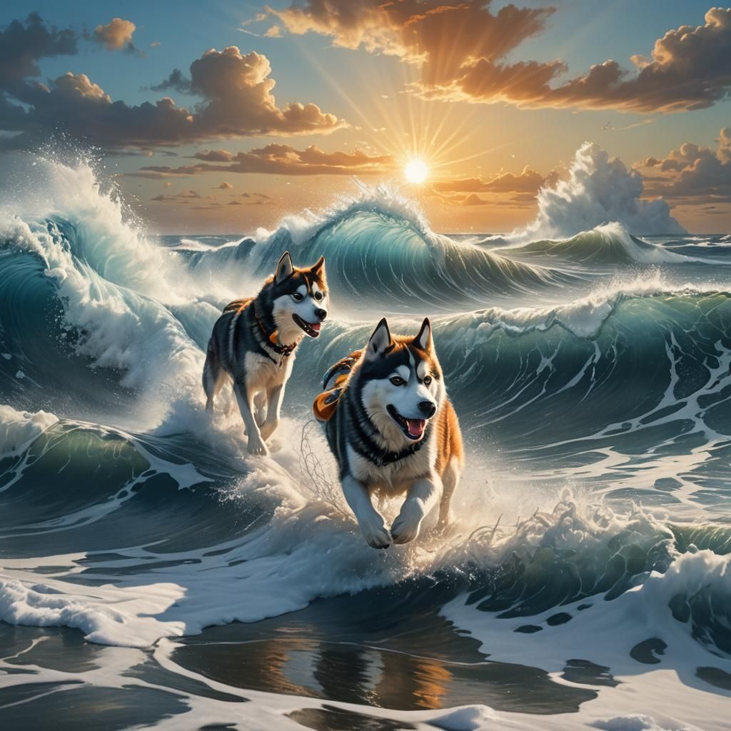 Siberian Husky Rides a Wave in Digital Art