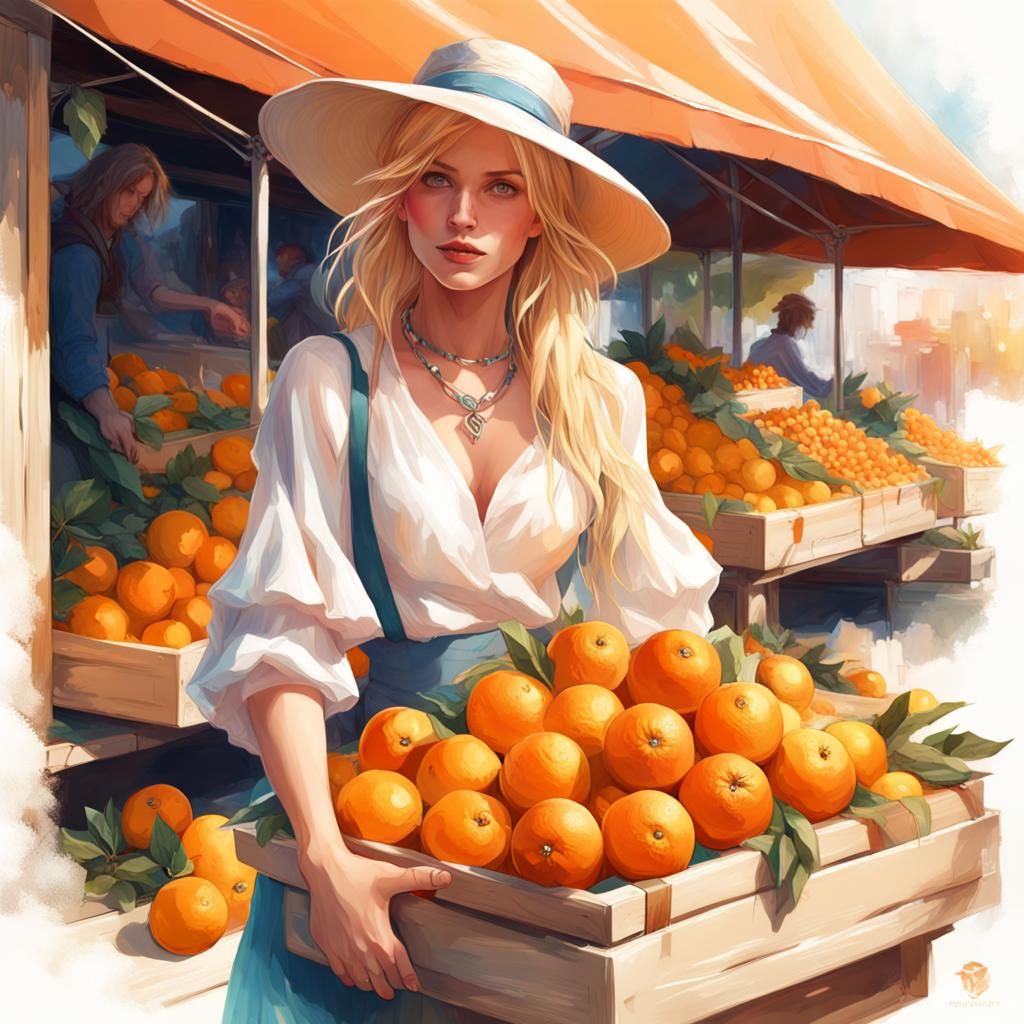 Woman Selling Oranges: Hyperdetailed Art Nouveau Portrait