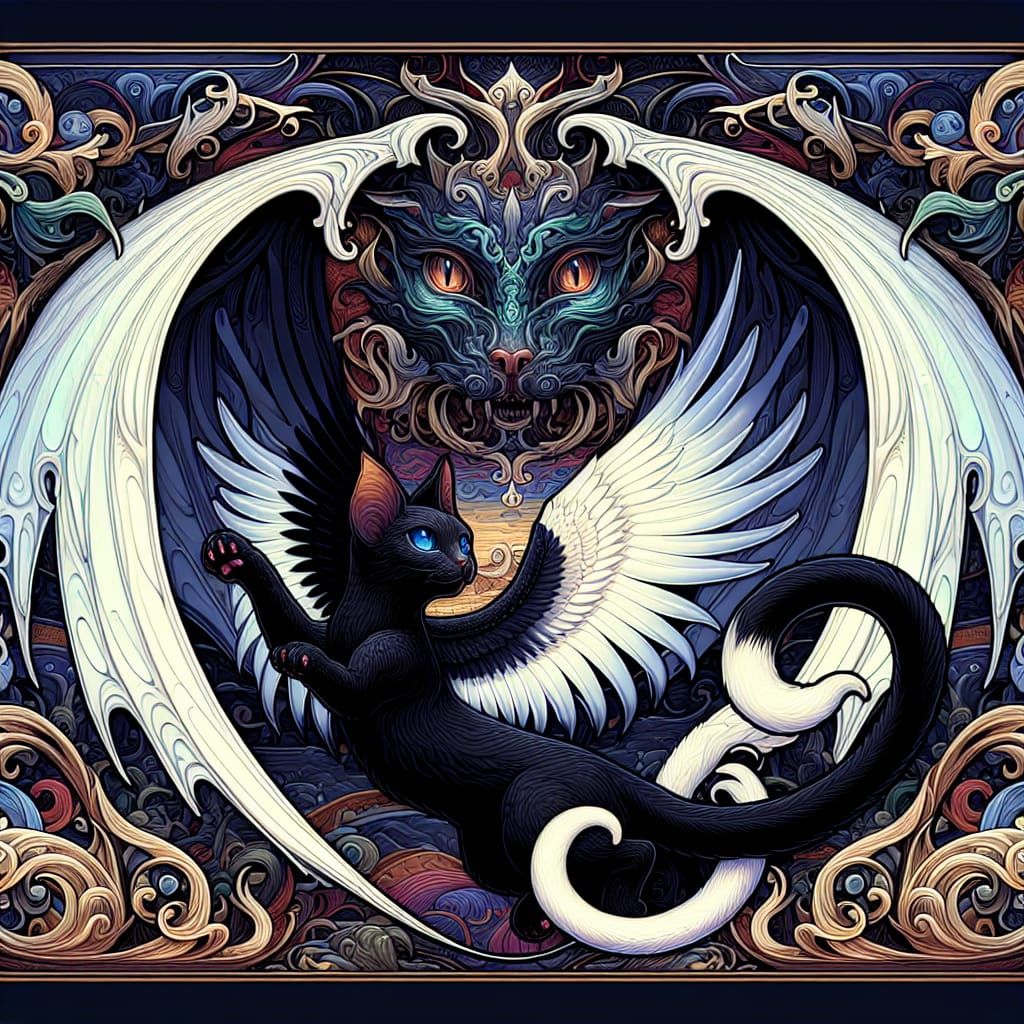 Ornate Illustration of a Winged Black Cat