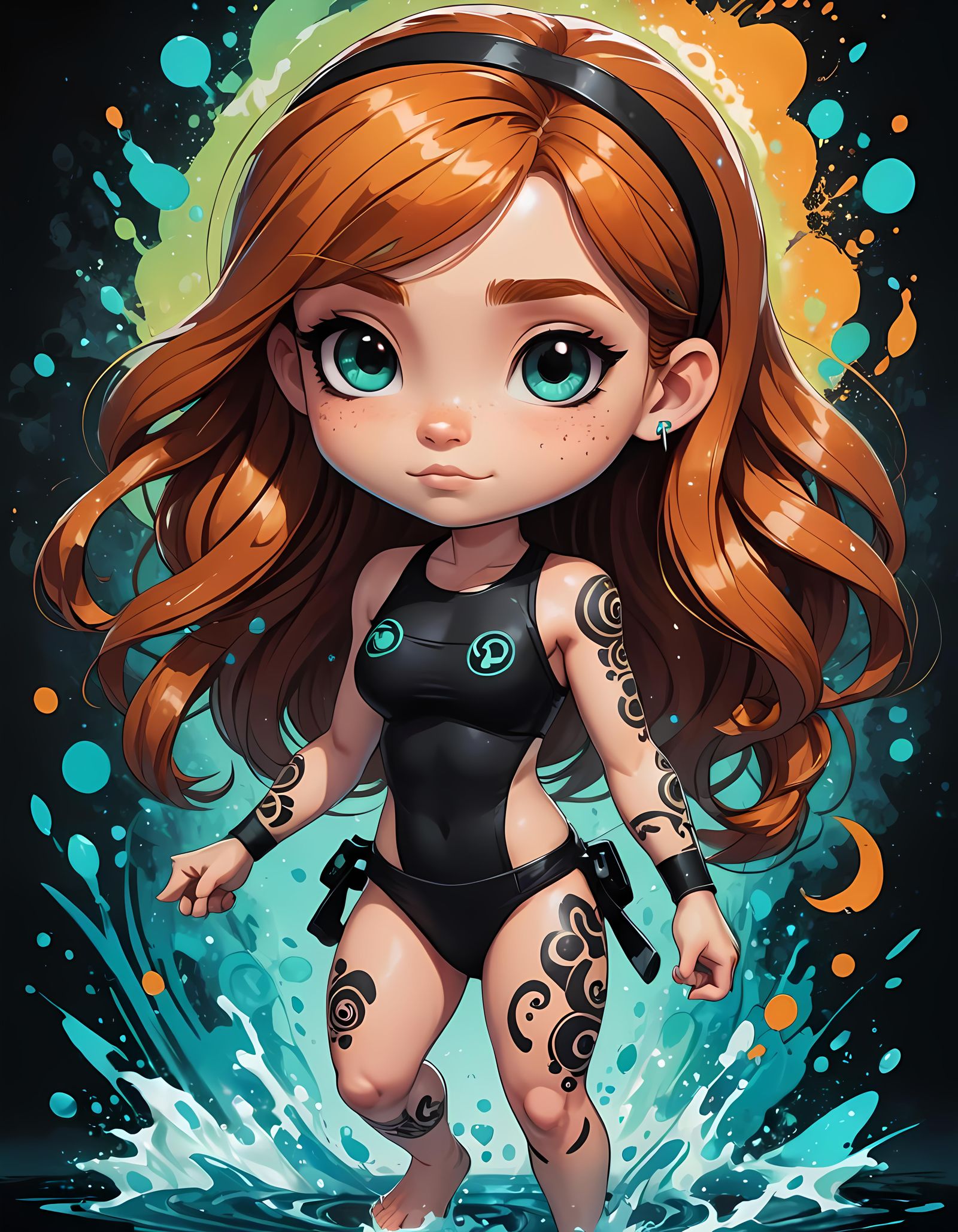 Cute Anime Girl in Swimsuit with Tribal Tattoos