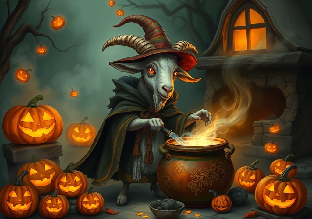 Whimsical Wizard Goat in Mystical Halloween Setting