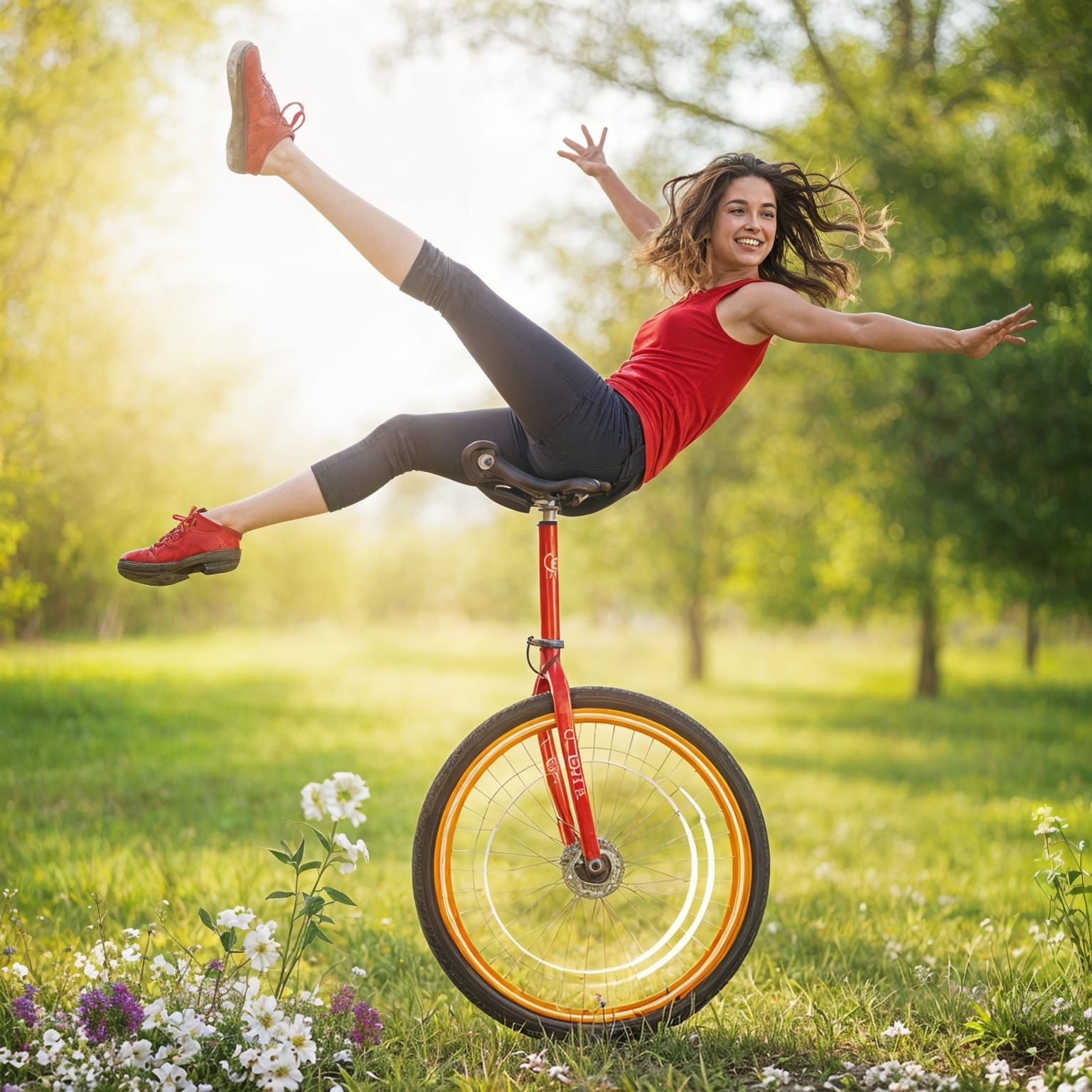 Dazzling Red Unicycle Performs Aerial Acrobatics in Sunlit P...
