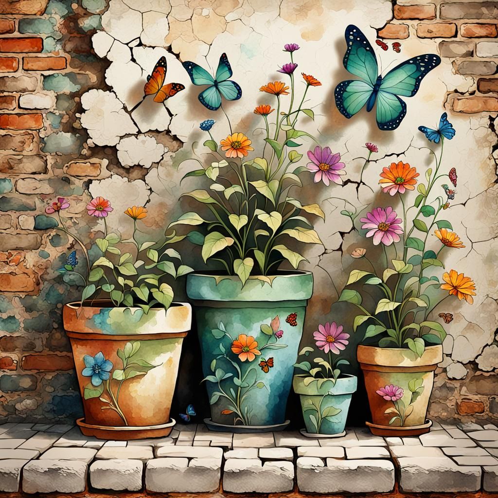 Whimsical Flower Pots in Vintage Watercolor Style