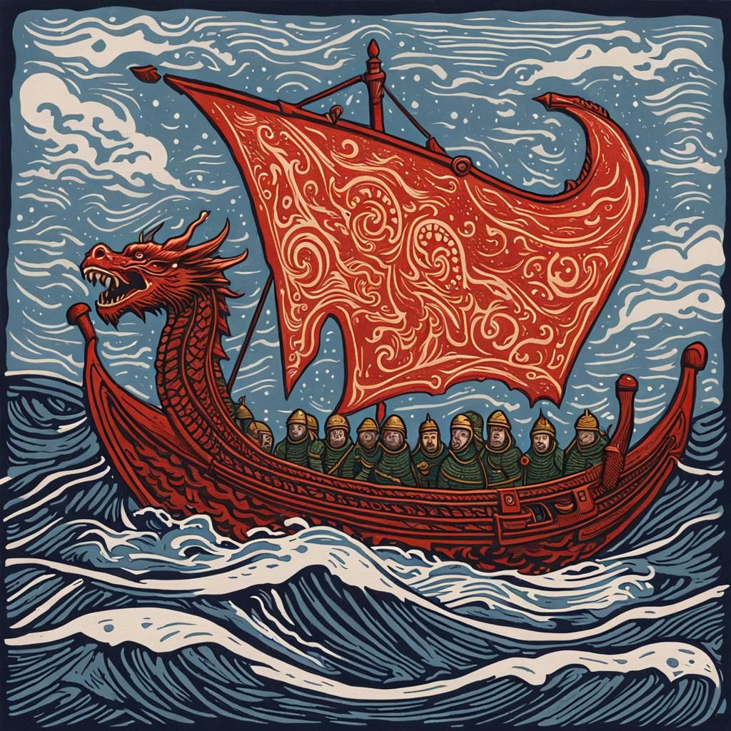 Dragon Transforms into Viking Ship Linocut