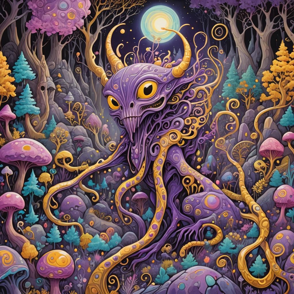 Luminescent Alien Creature in Gouache Candyland Forest