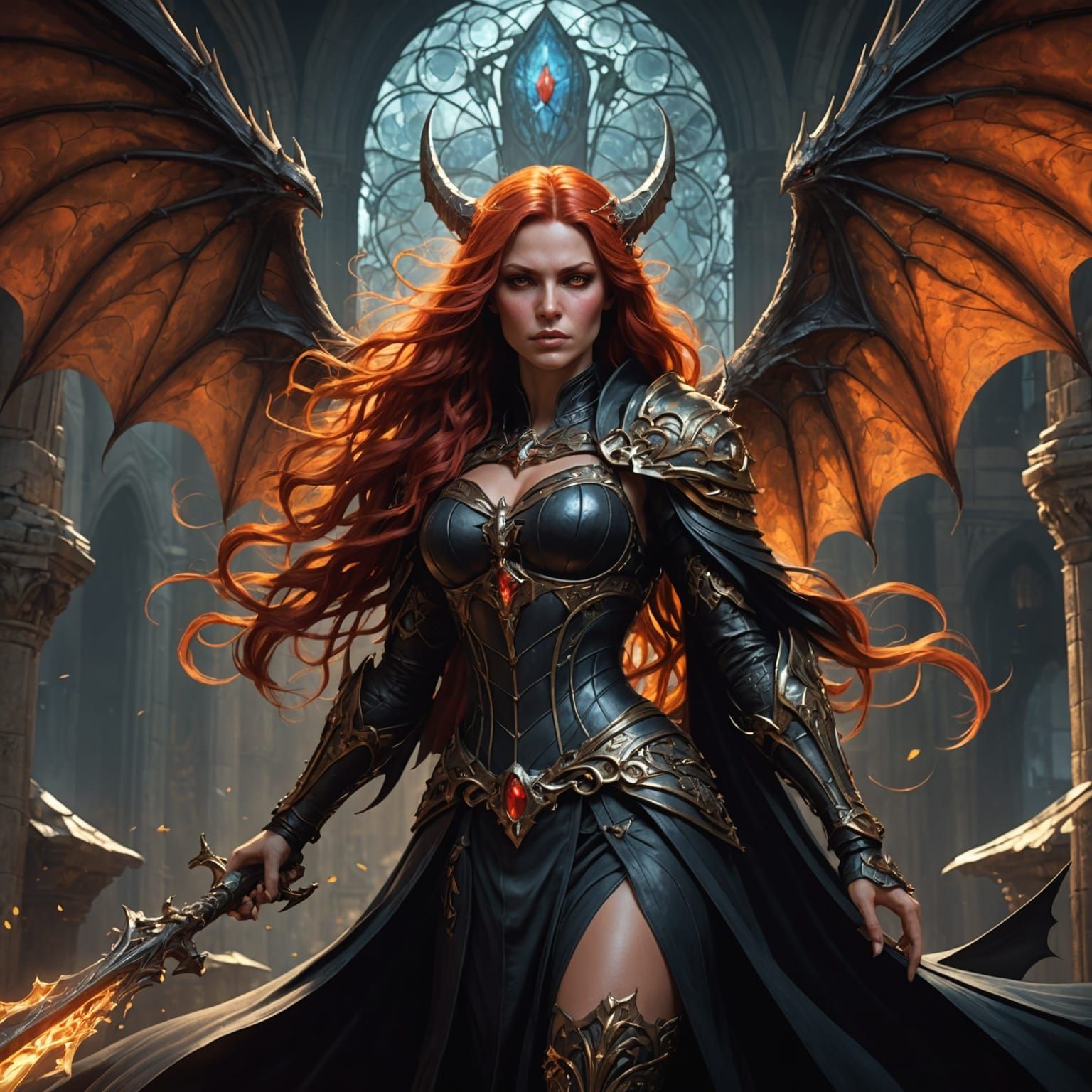 Dramatic Horned Deity in Dark Fantasy Style