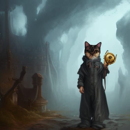 Cute Cat in Plague Doctor Mask, Detailed Fantasy Art