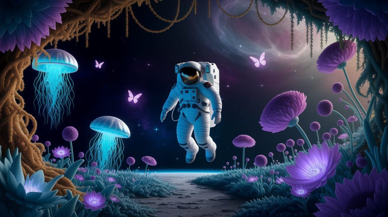 Astronaut Drifts Through Luminous Space Garden in Ethereal B...