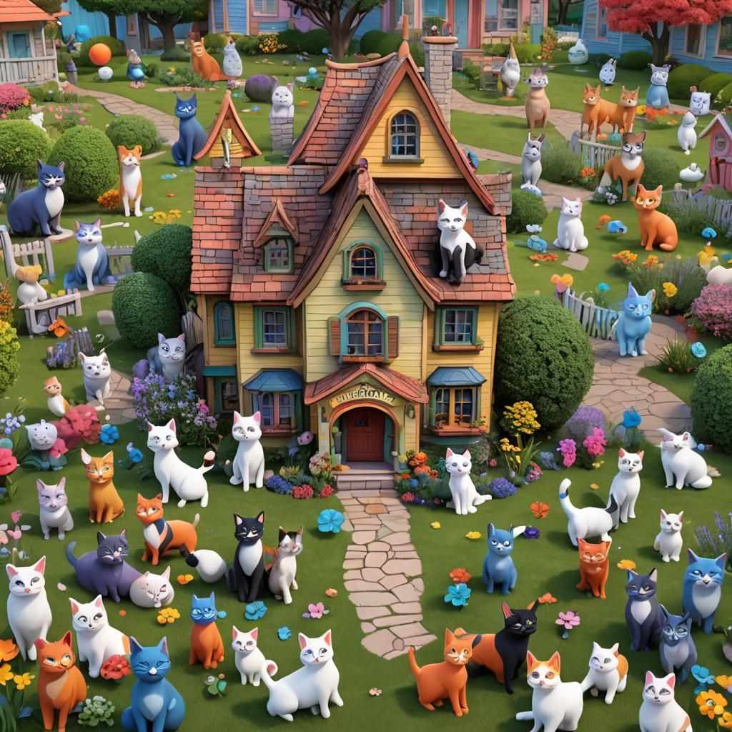 Whimsical Crazy Cat Lady House in 3D Digital Art