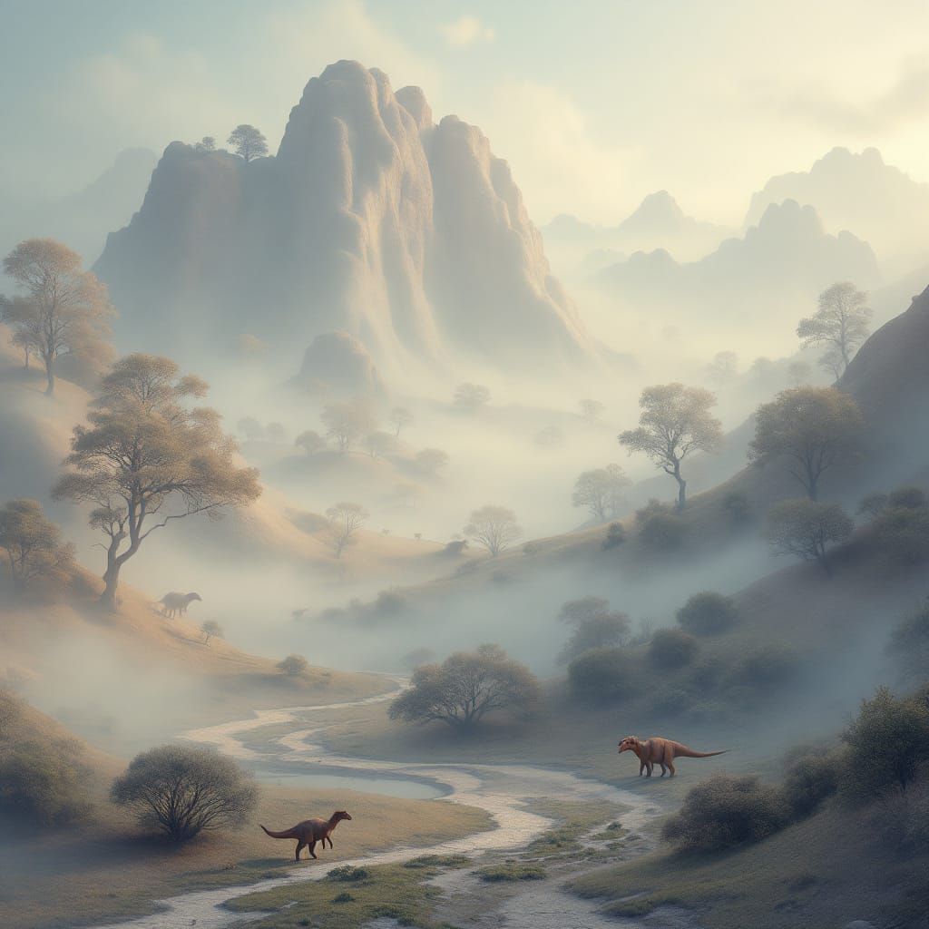 Surreal Foggy Landscape with Dinosaurs and Melting Forms