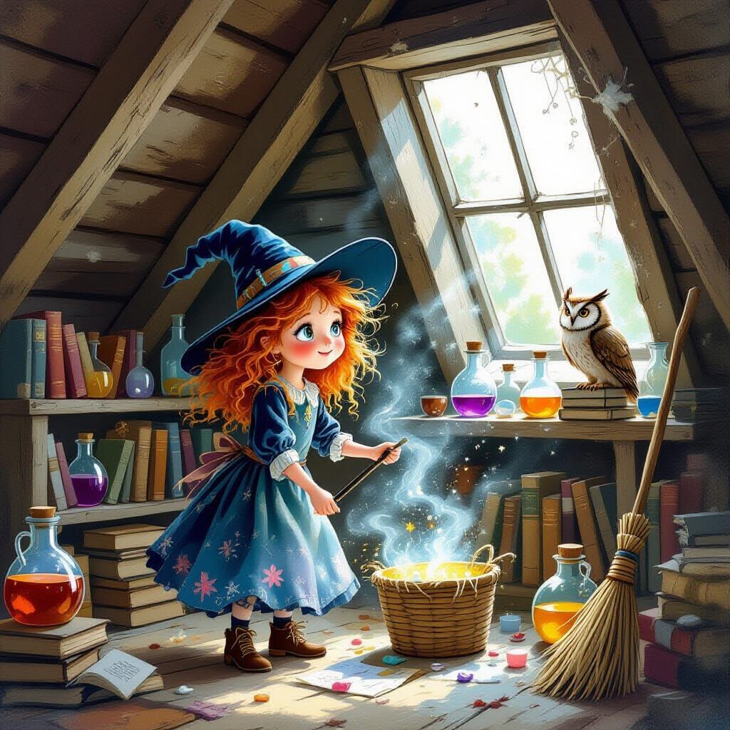 Young Witch Cleans Attic with Magic, Storybook Style