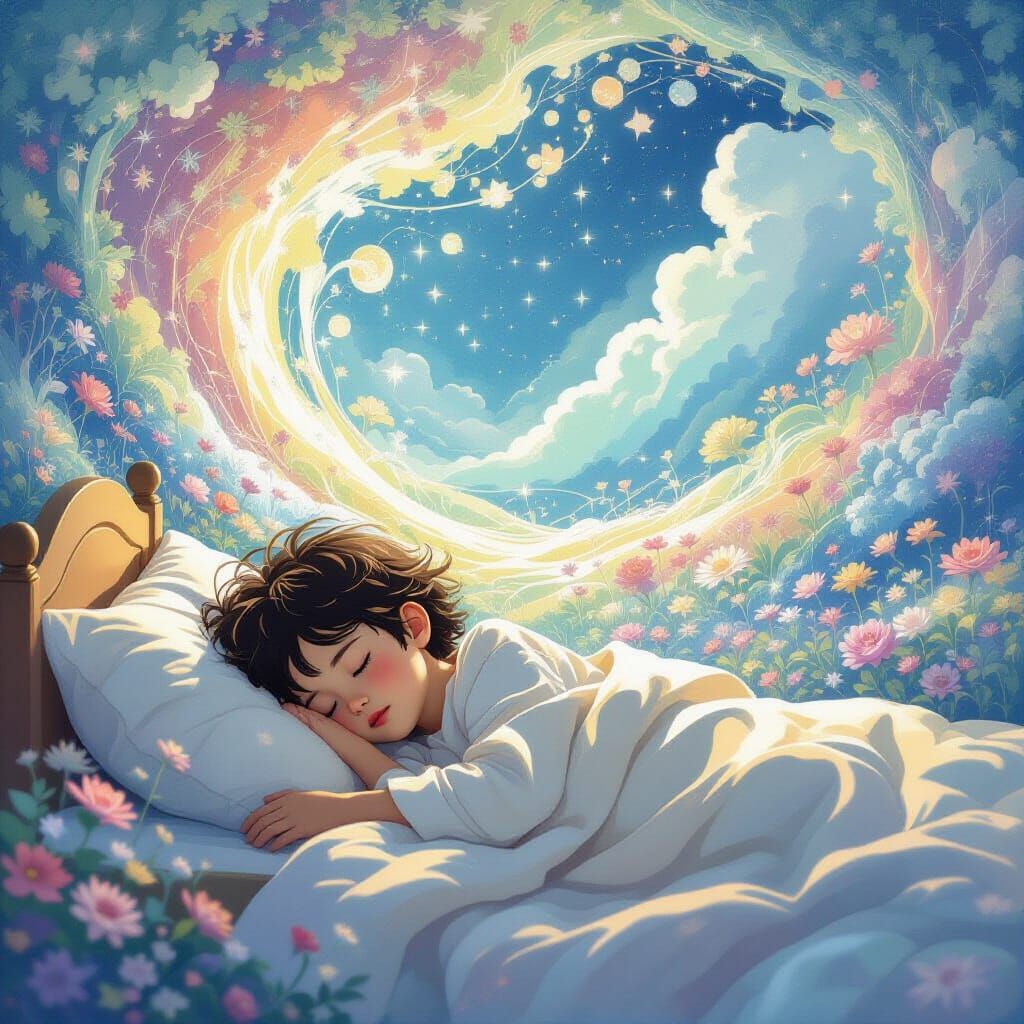 Dreamy Child Asleep in Ethereal Landscape