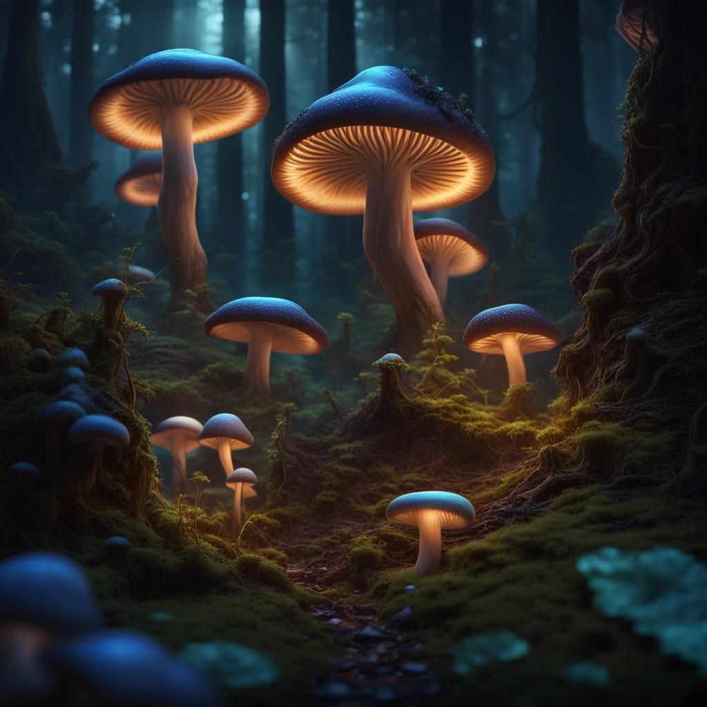 Bioluminescent Mushroom Colony in Harmonious Forest