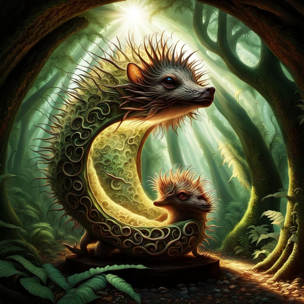 Mythical Filigree Jungle Art with Dragon-Porcupine Hybrid