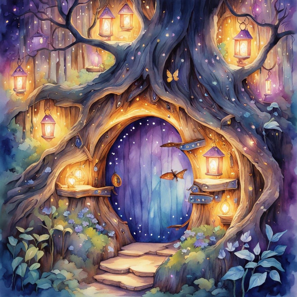Hobbit and Faerie Door in Woodland Stump, Watercolour