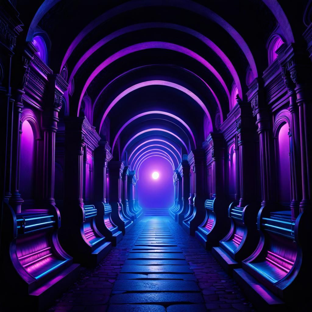 Neon Fantasy City Under Black Ultraviolet Light