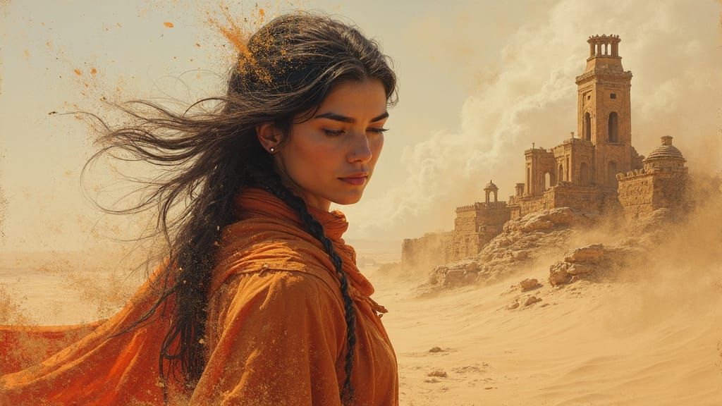 Nomad Queen Portrait in Desert Sandstorm, Manhwa Style