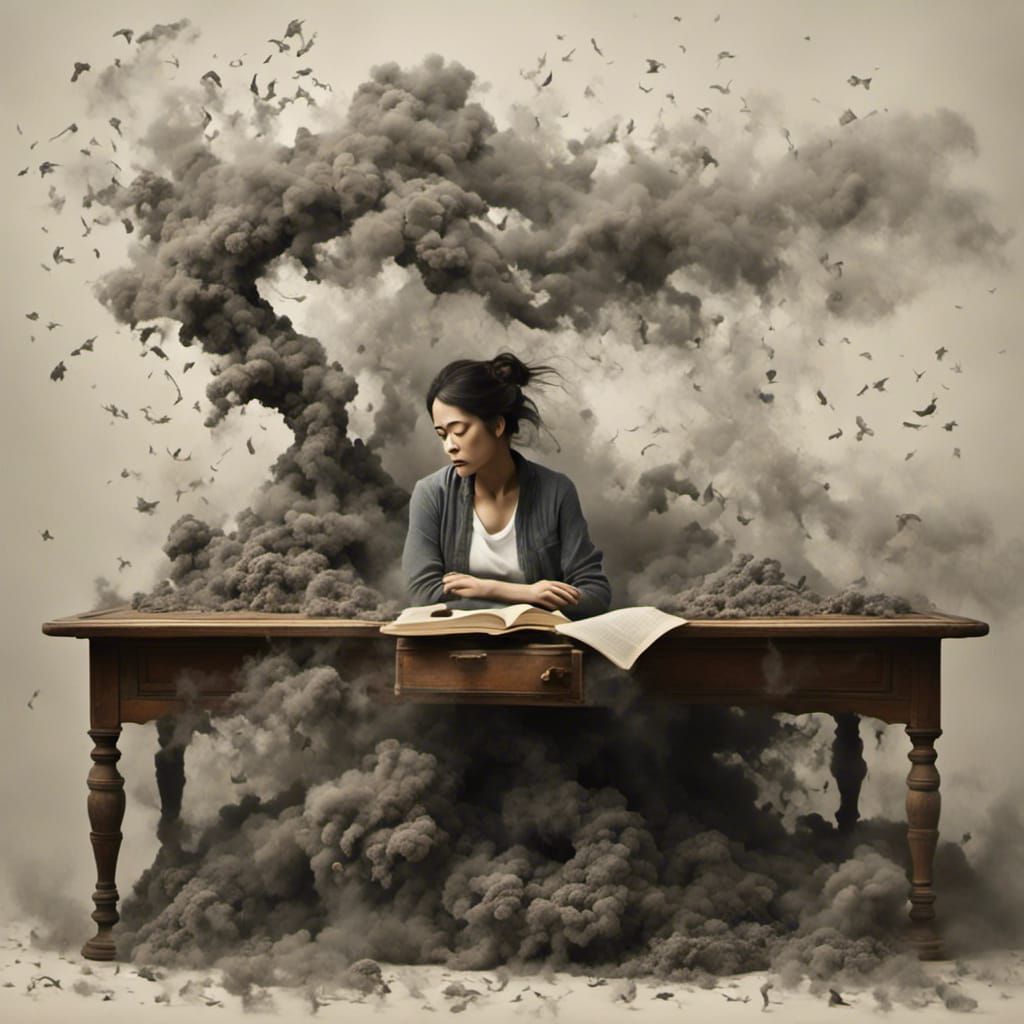 Stressed Woman in Smoky Atmosphere