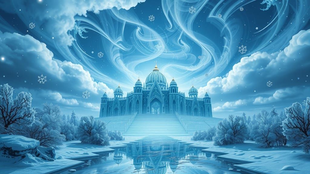 Ethereal Winter Palace in a Swirling Icy Storm